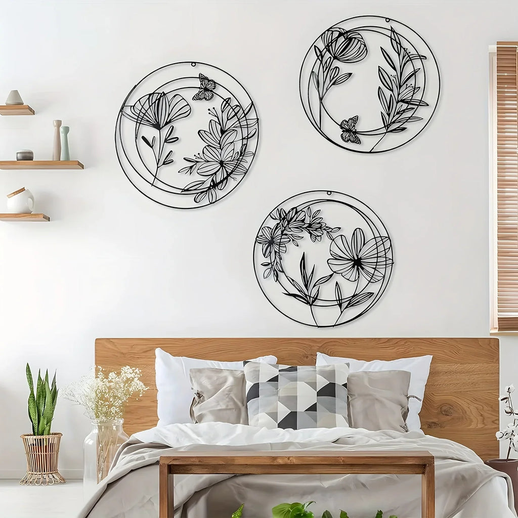 Black metal abstract flower decorations, round hanging design - House of Avana