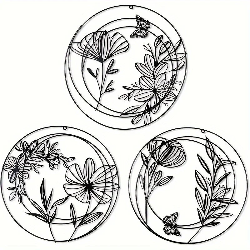 Black metal abstract flower decorations, round hanging design - House of Avana
