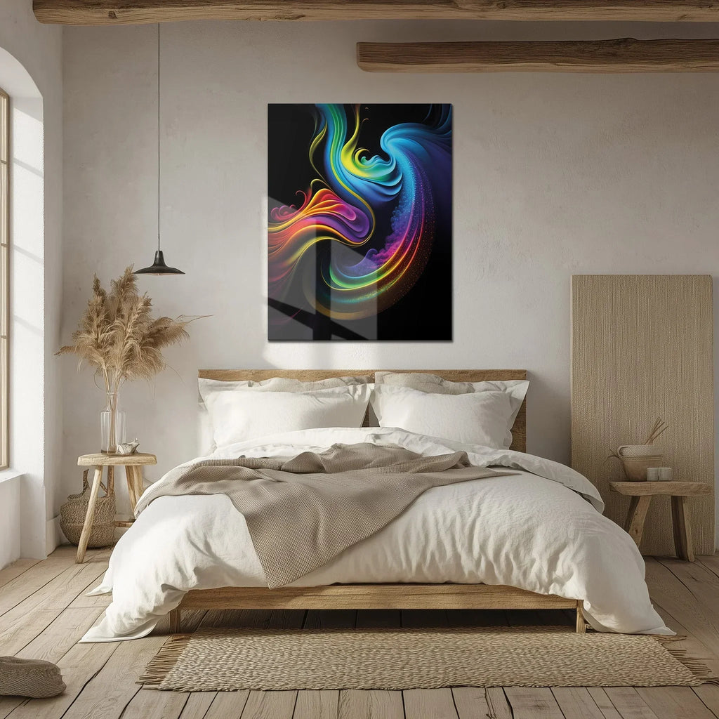 Abstract Neon Swirl Glass Wall Art – Colorful Fluid Motion on Deep Black Canvas-kafcd019, lifestyle image - House Of Avana