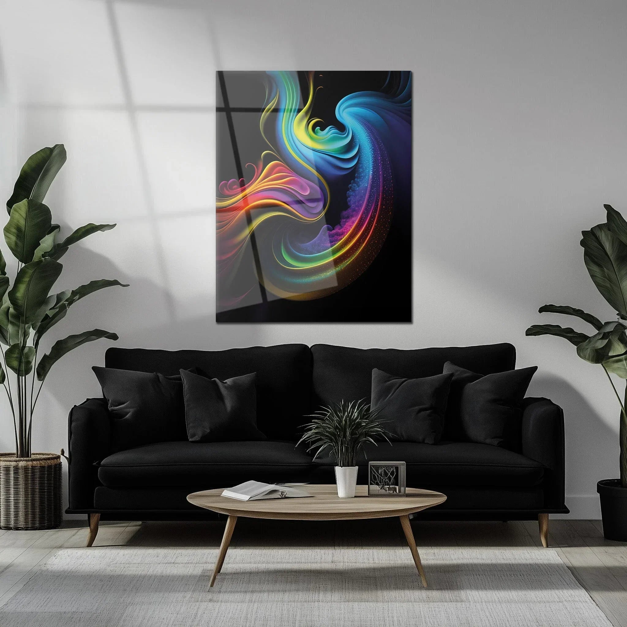 Abstract Neon Swirl Glass Wall Art – Colorful Fluid Motion on Deep Black Canvas-kafcd019, top view - House Of Avana