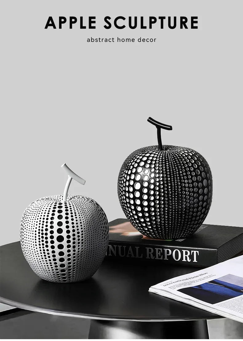 Black and white resin apple sculpture, abstract polka dot design - House of Avana