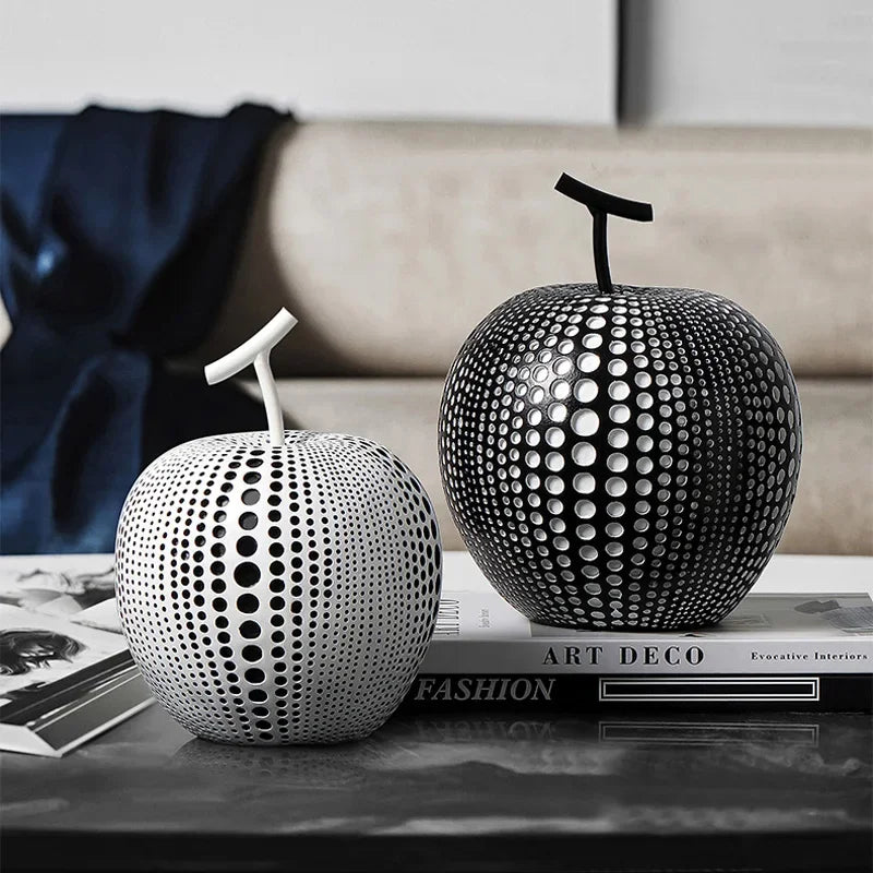 Black and white resin apple sculpture, abstract polka dot design - House of Avana