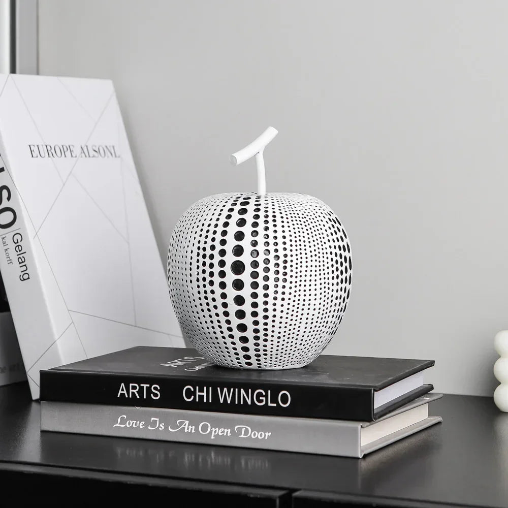 Black and white resin apple sculpture, abstract polka dot design - House of Avana