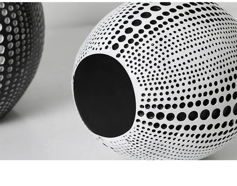 Black and white resin apple sculpture, abstract polka dot design - House of Avana