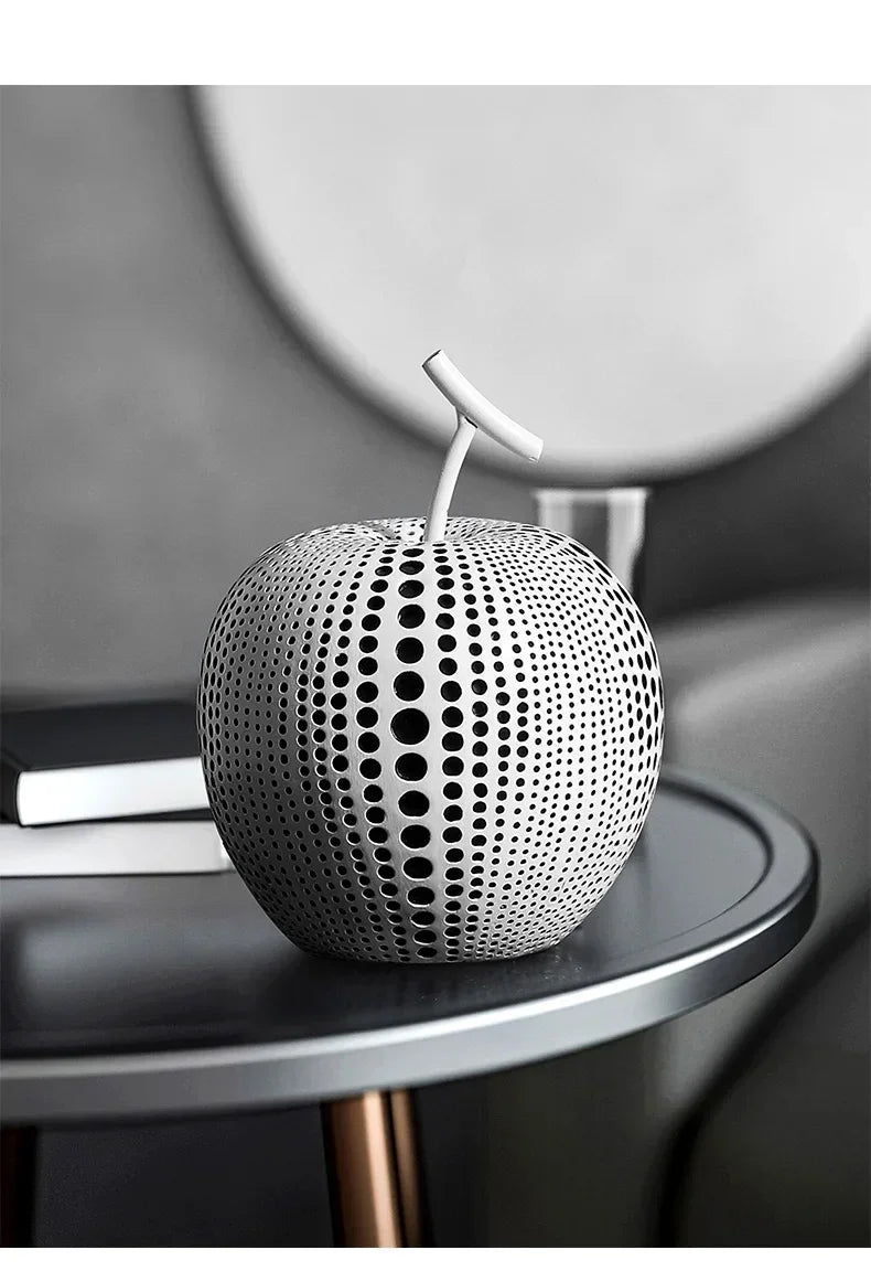 Black and white resin apple sculpture, abstract polka dot design - House of Avana