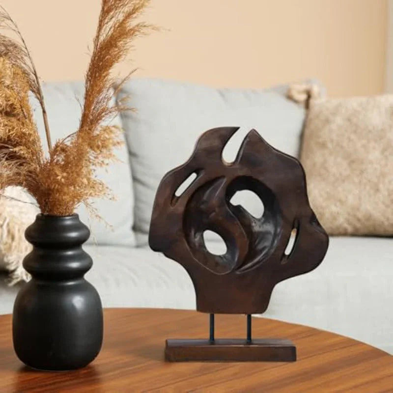 Teak Abstract Handmade Sculpture Live Edge Home Decor Statue 12" Lx3.5 Wx15.5 H, back view - House Of Avana