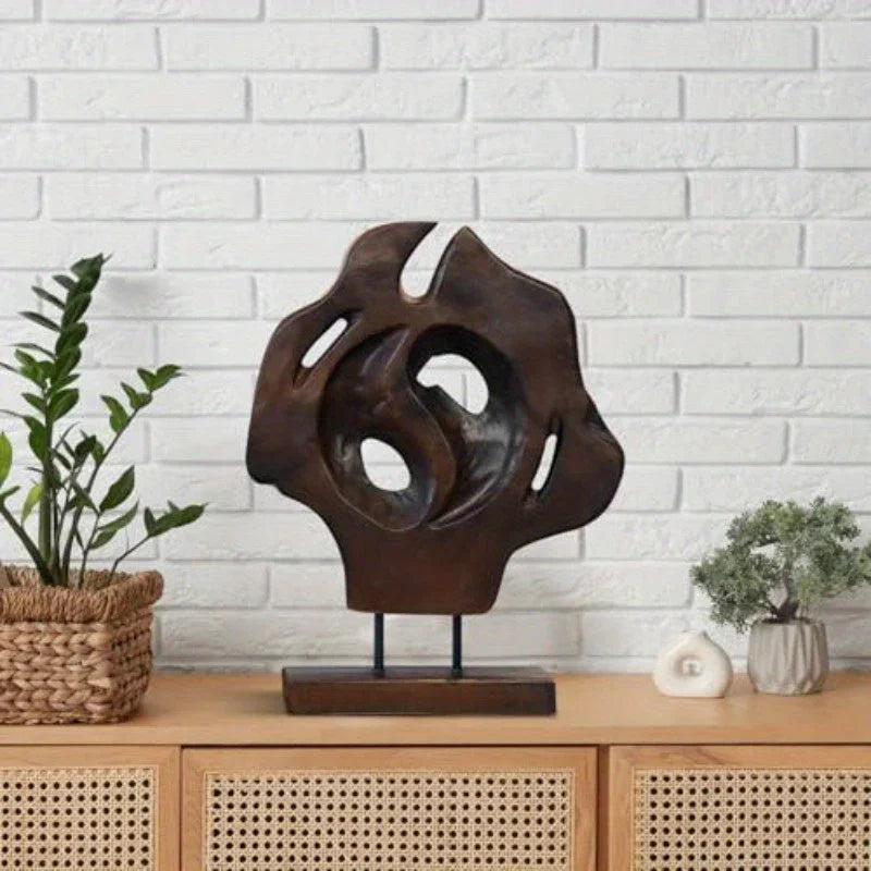 Teak Abstract Handmade Sculpture Live Edge Home Decor Statue 12" Lx3.5 Wx15.5 H, front view - House Of Avana