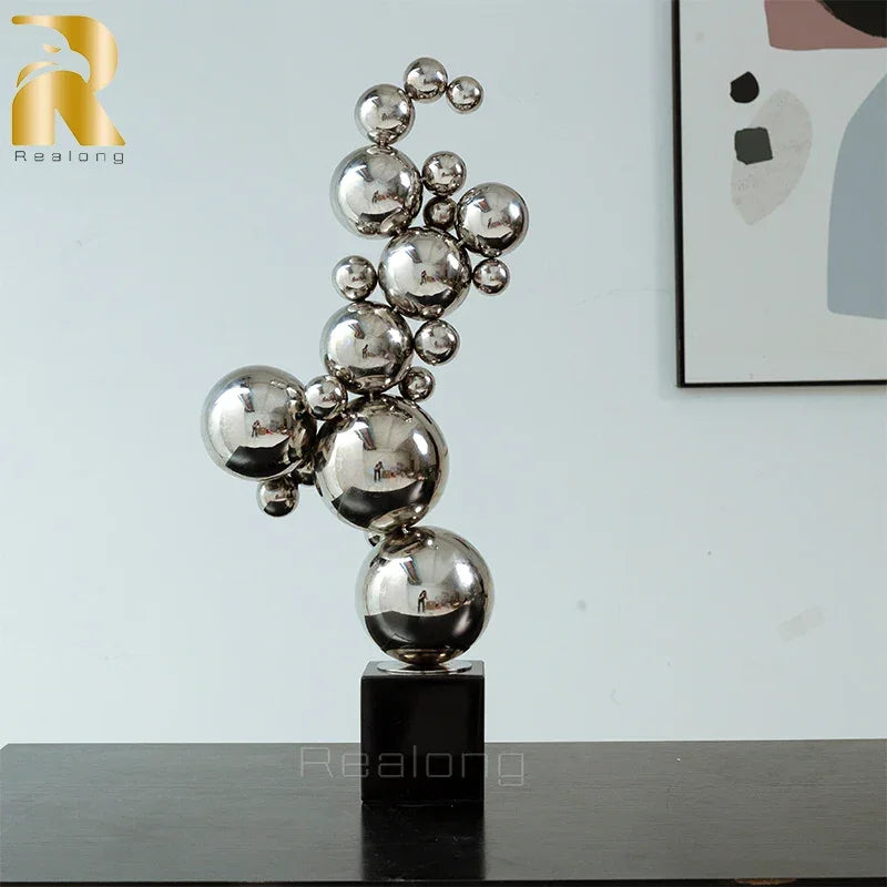 61cm Modern Art Metal Sculpture Stainless Steel High Polished Ball Statue Abstract Stainless Steel... - House Of Avana