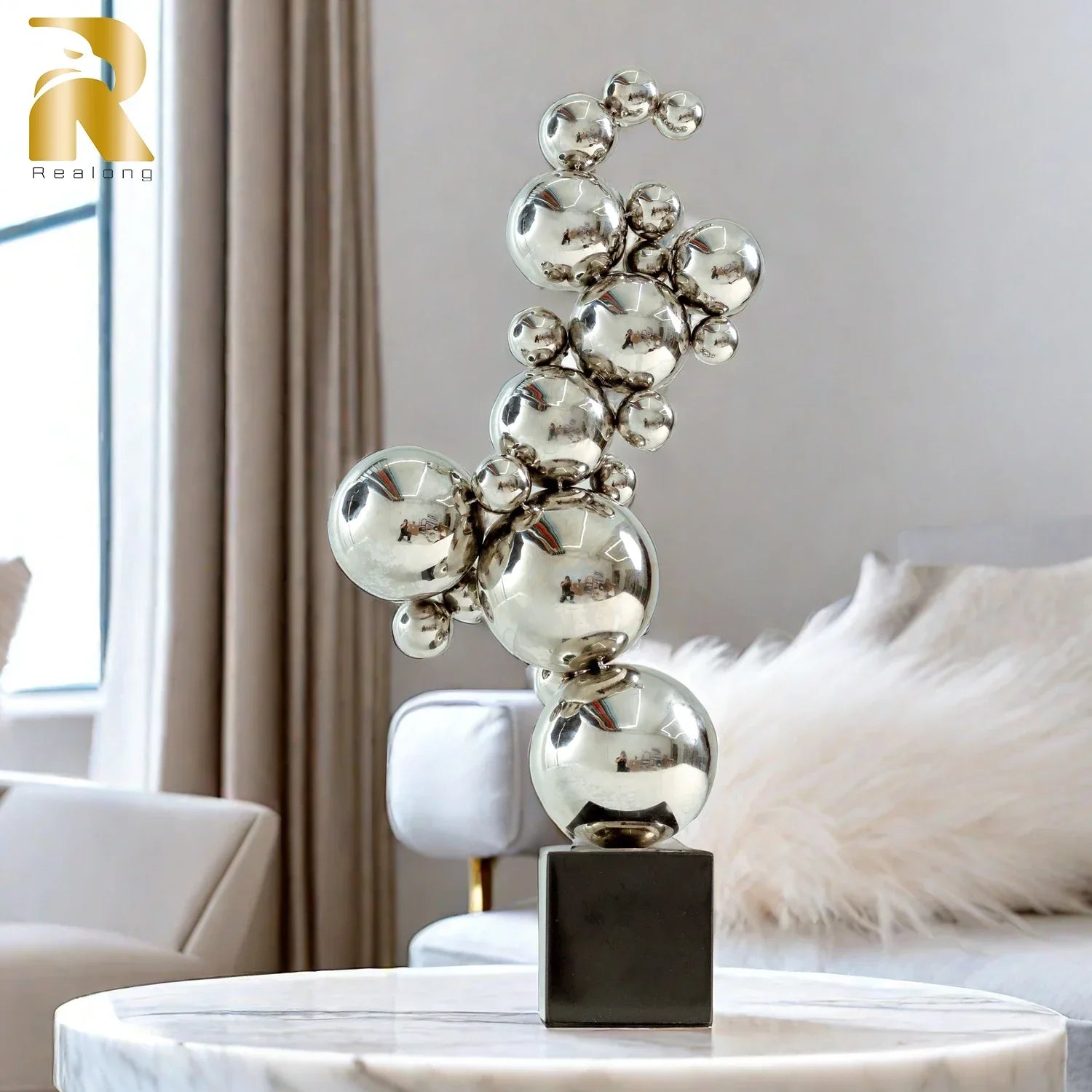 61cm Modern Art Metal Sculpture Stainless Steel High Polished Ball Statue Abstract Stainless Steel... - House Of Avana