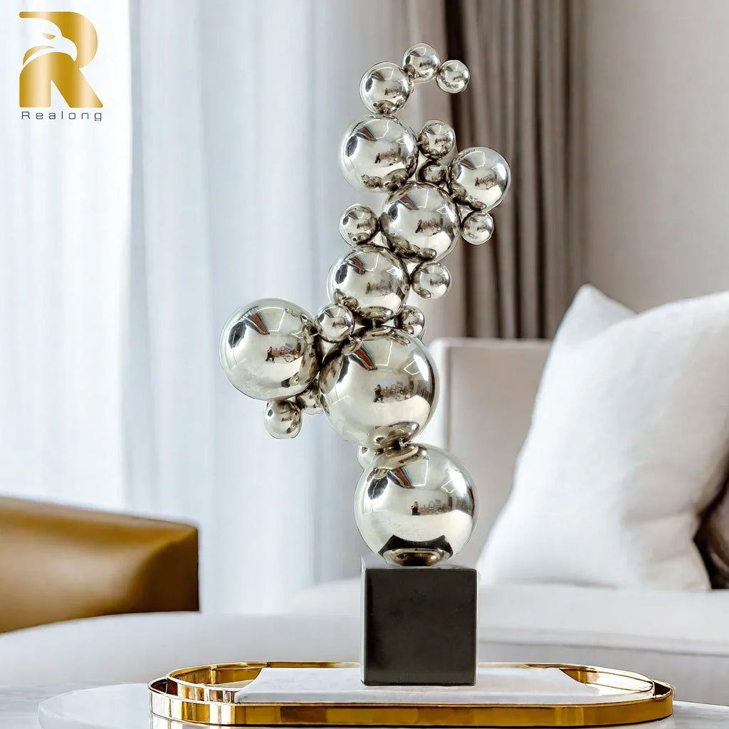 61cm Modern Art Metal Sculpture Stainless Steel High Polished Ball Statue Abstract Stainless Steel... - House Of Avana