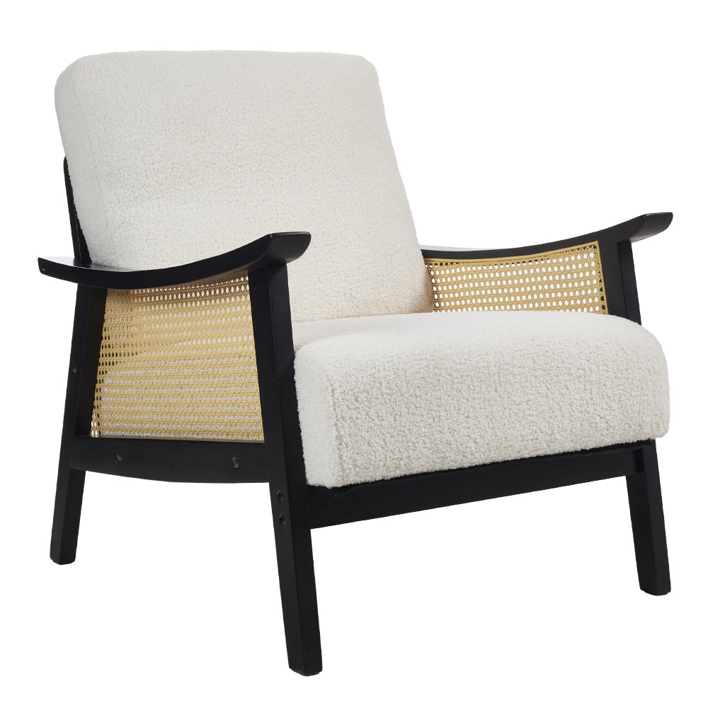 White Single Leisure Sofa, Rattan Decorative Armrest Upholstered Boucle Fabric Wingback Armchair with Padded Seat for Living Room Lounge Sofa Meeting Visitor Chair Cozy Chair for Bedroom Home Office House Of Avana