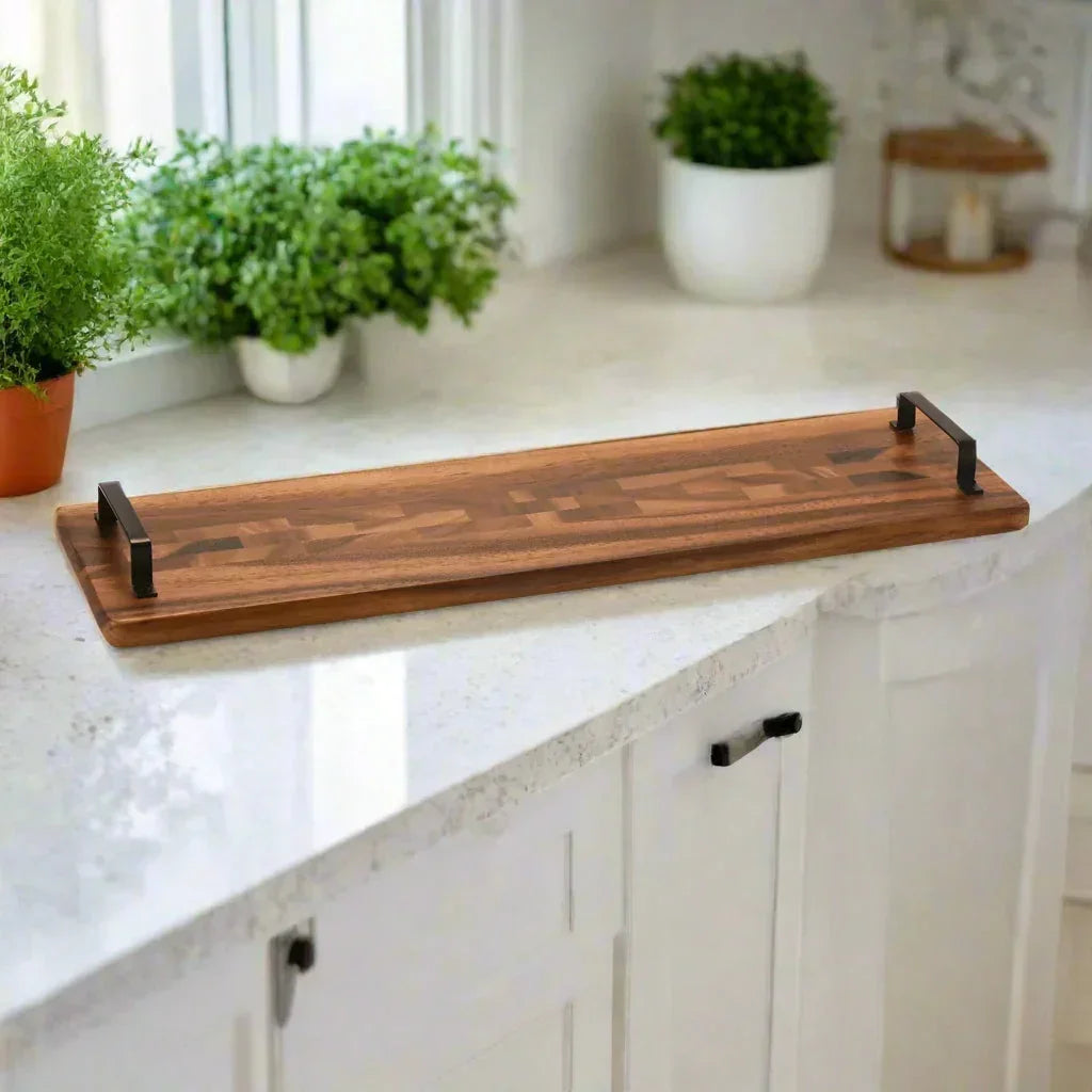 Acacia Serving Trays with Metal Handles, front view - House Of Avana