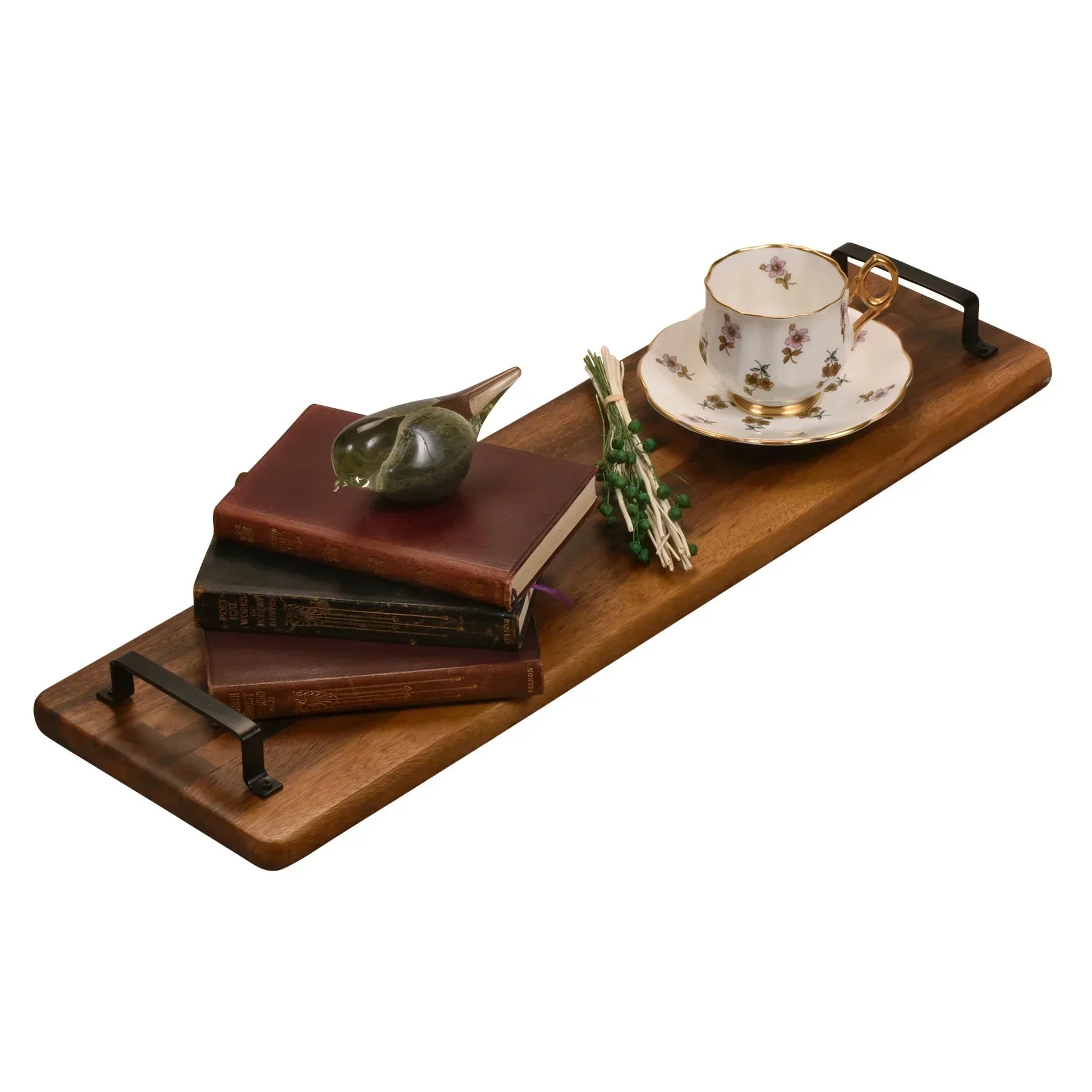 Acacia Serving Trays with Metal Handles, side view - House Of Avana