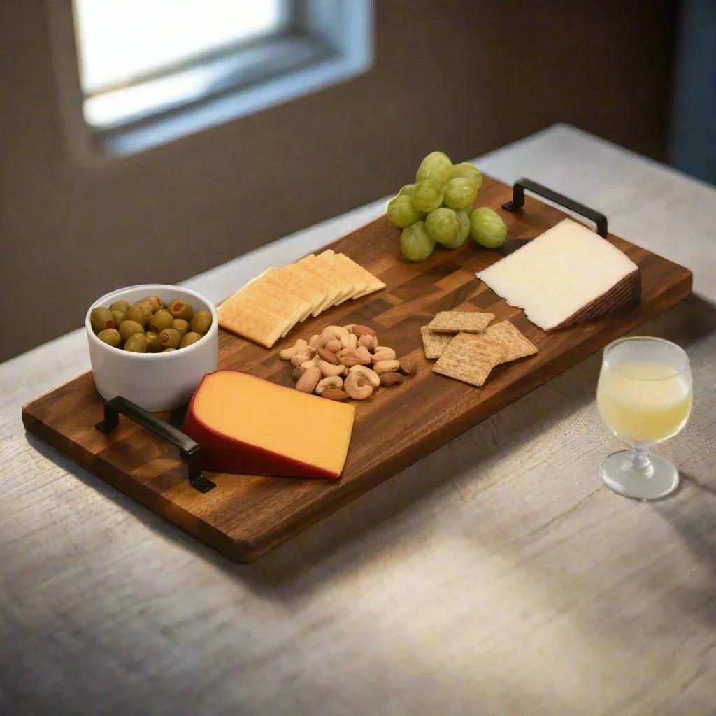 Acacia Serving Trays with Metal Handles, angled view - House Of Avana
