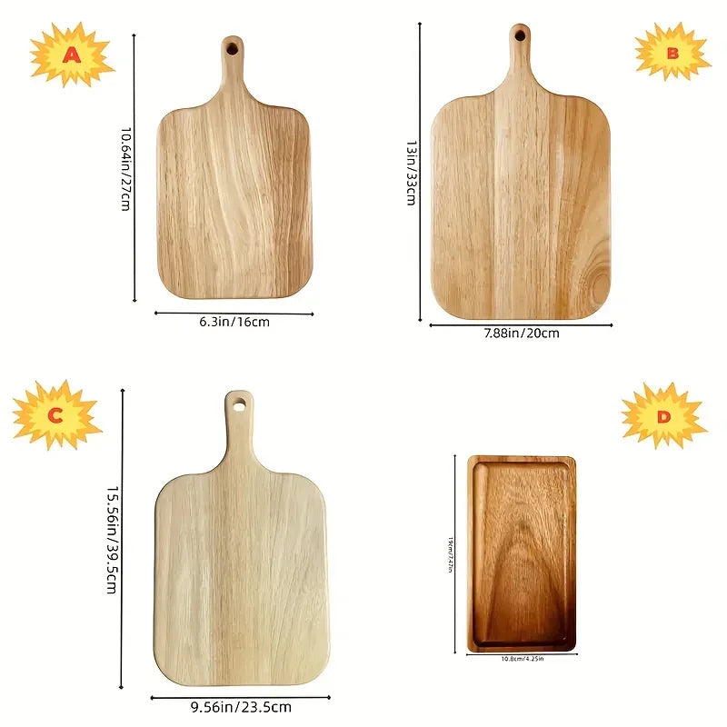 Four sizes of acacia wood cutting and chopping boards with handles and dimensions.