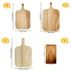 Four sizes of acacia wood cutting and chopping boards with handles and dimensions.