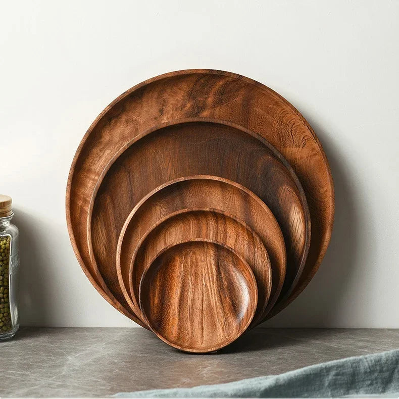 Round wooden tray, acacia wood tone, vintage serving platter - House of Avana