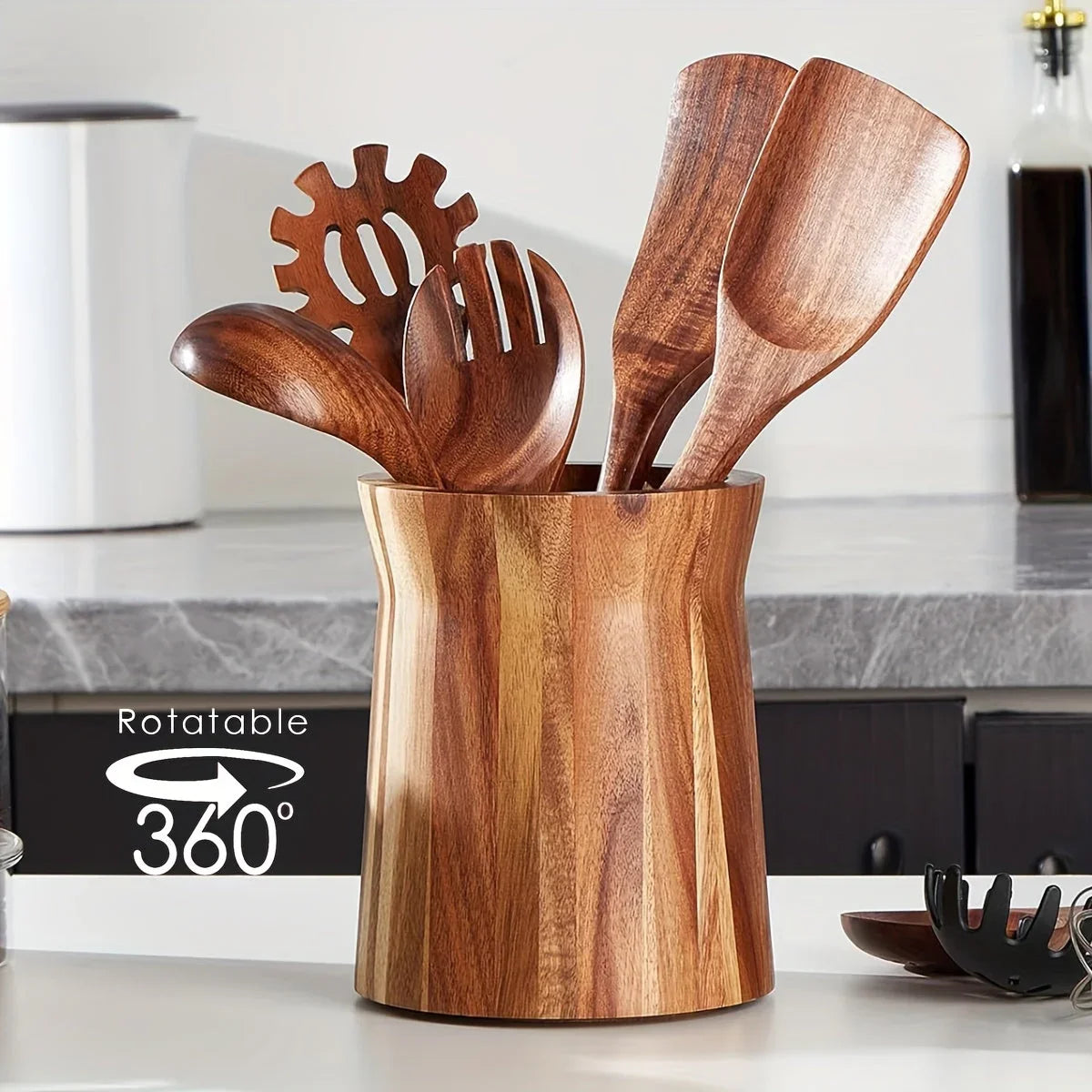 LEEAN Acacia Wood Utensil Holder - 360° Rotating Kitchen Organizer with 7.2in & 5.9in Compartments, Natural Wood Farmhouse Decor for Spatulas, Whisks & Cooking Tools, Wooden Kitchen Accessories, Modern Countertop, Sturdy Con House Of Avana