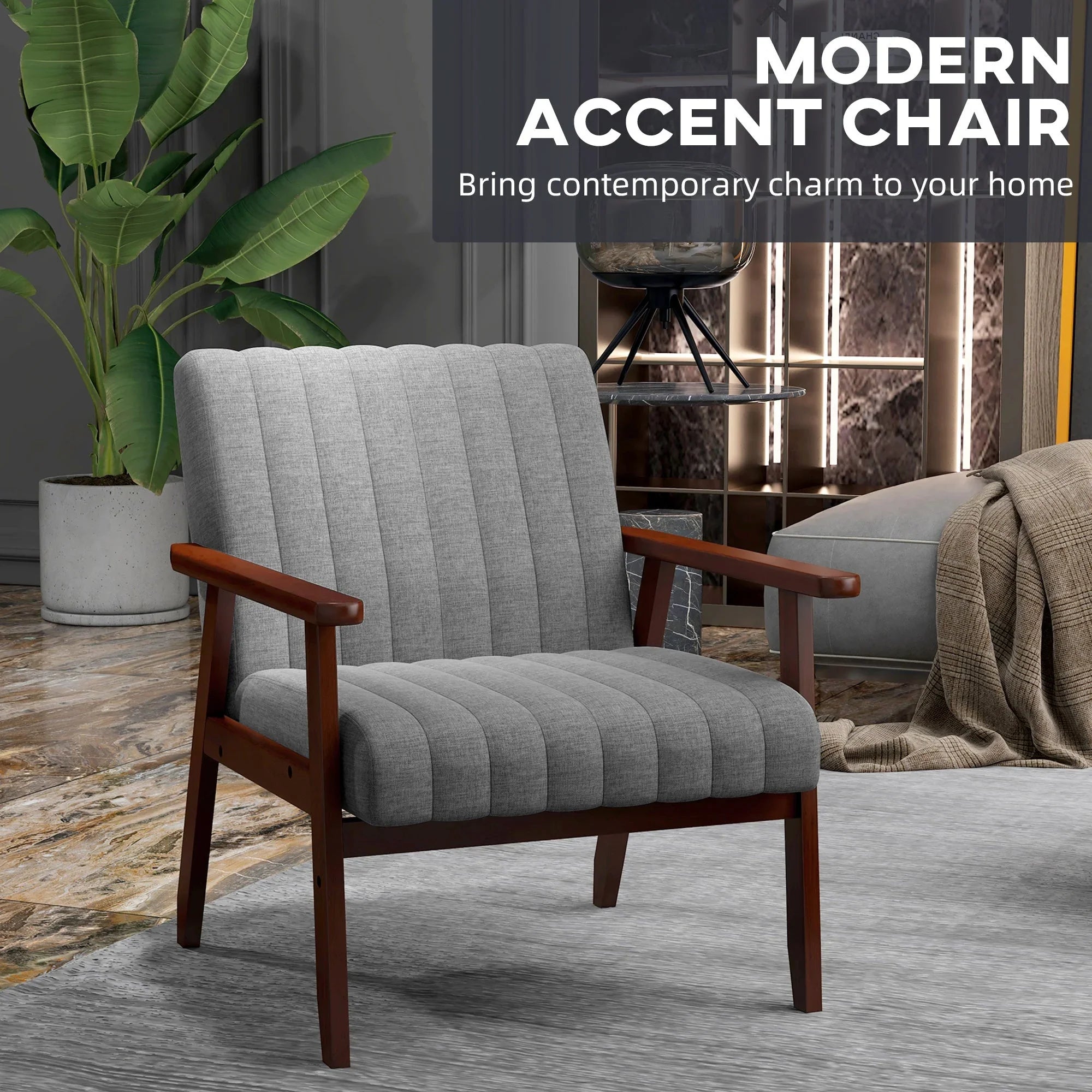 Accent Chair - Grey Tufted Wooden Legs, detail shot - House Of Avana