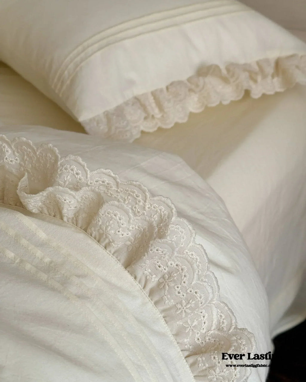 Accordion Pleated Lace Ruffled Bedding Set, close-up view - House Of Avana