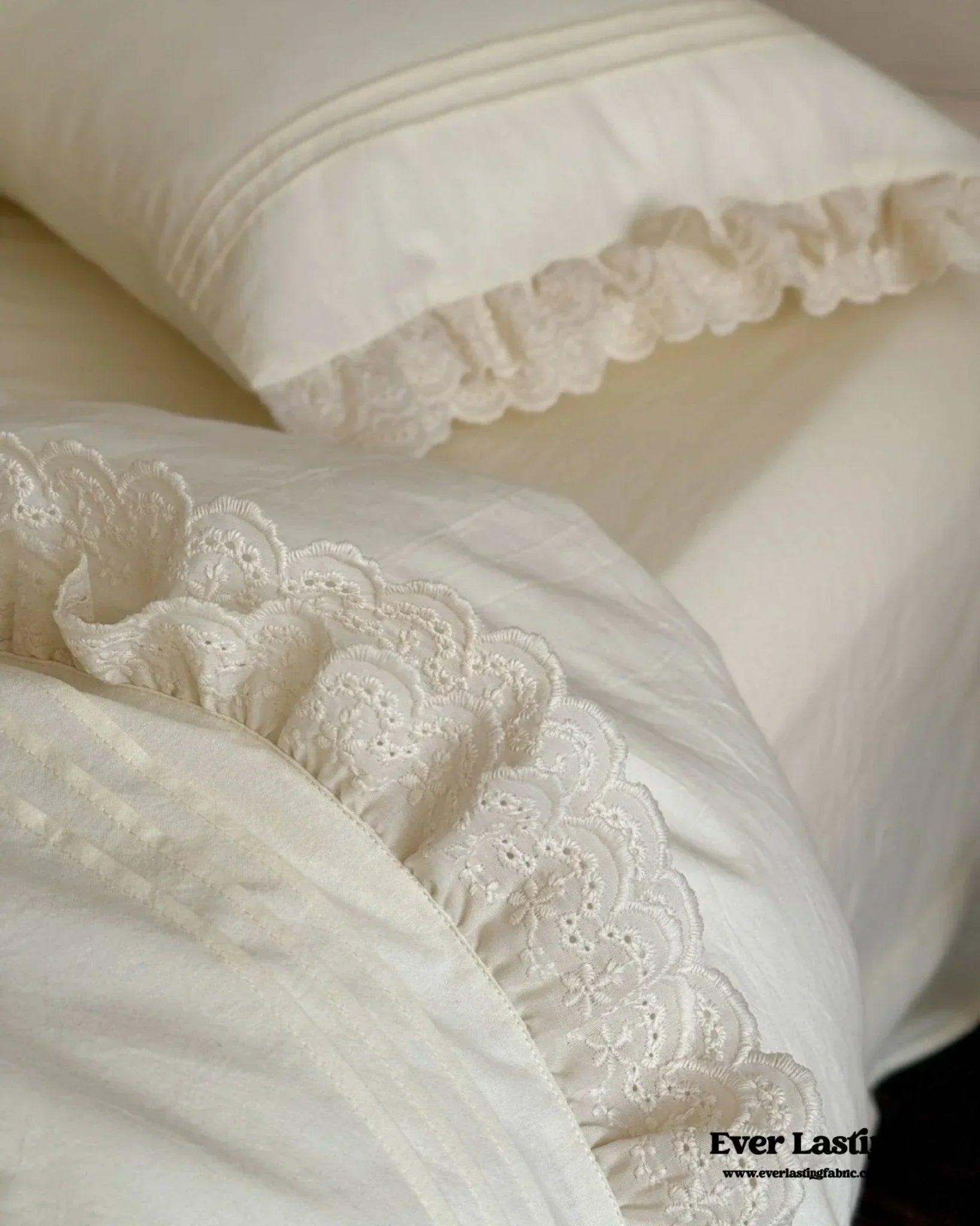 Accordion Pleated Lace Ruffled Bedding Set, close-up view - House Of Avana
