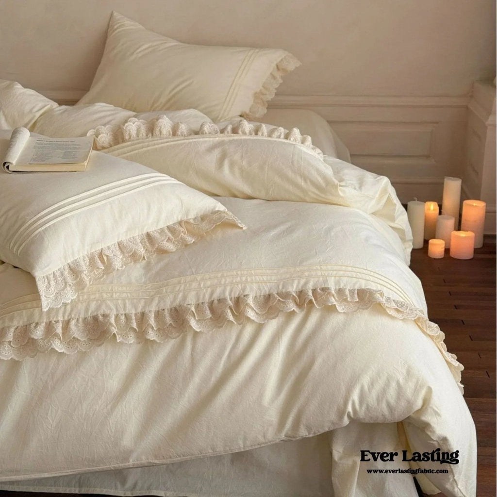 Accordion Pleated Lace Ruffled Bedding Set, back view - House Of Avana