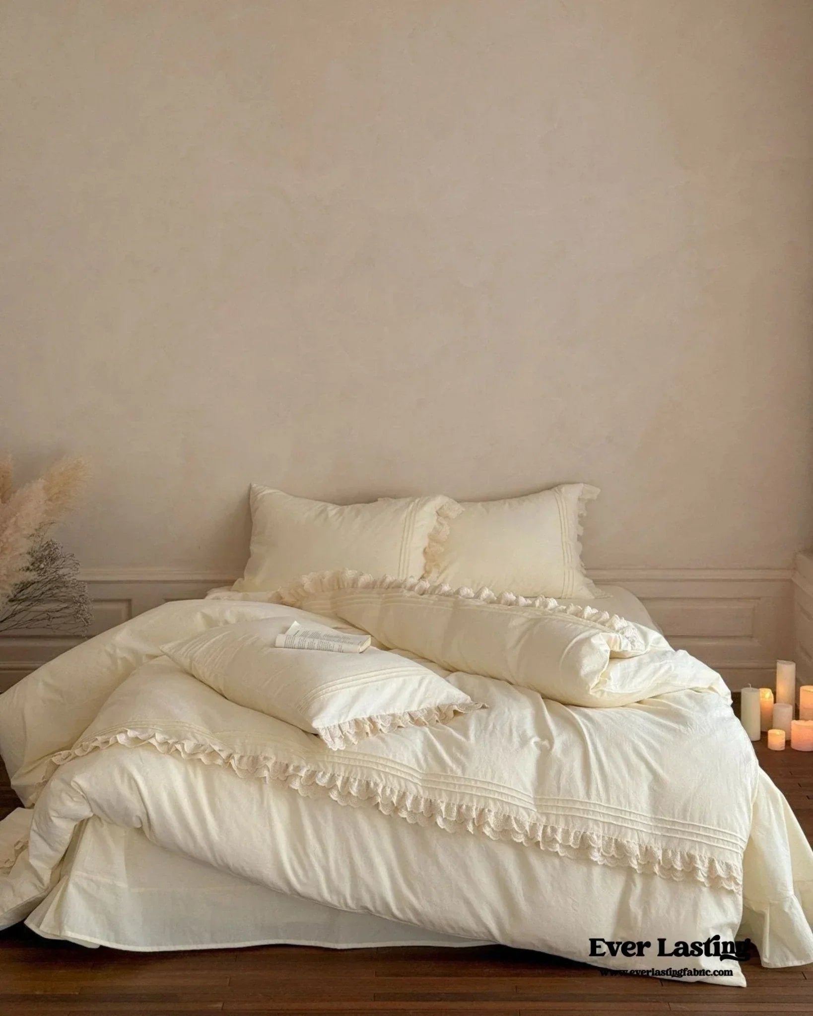 Accordion Pleated Lace Ruffled Bedding Set, lifestyle image - House Of Avana