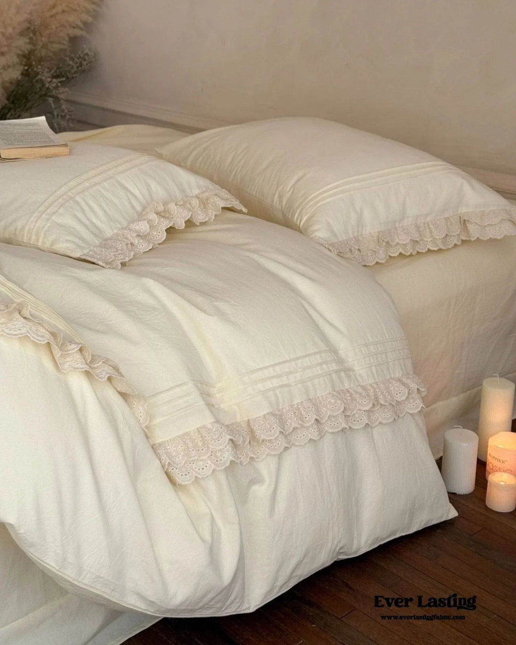 Accordion Pleated Lace Ruffled Bedding Set, angled view - House Of Avana