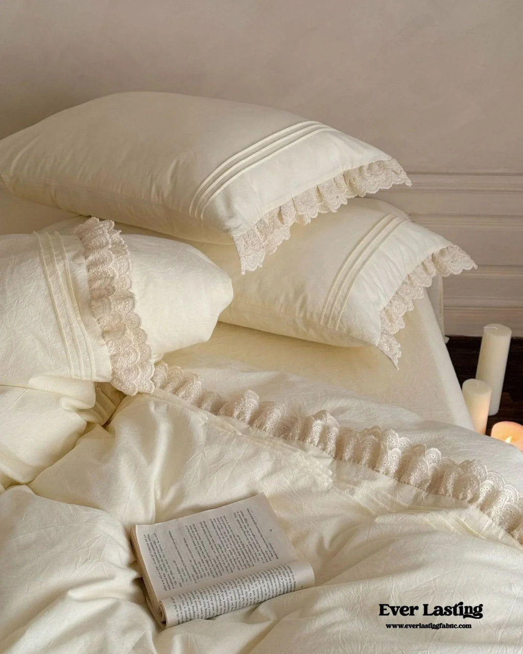 Accordion Pleated Lace Ruffled Bedding Set, angled view - House Of Avana