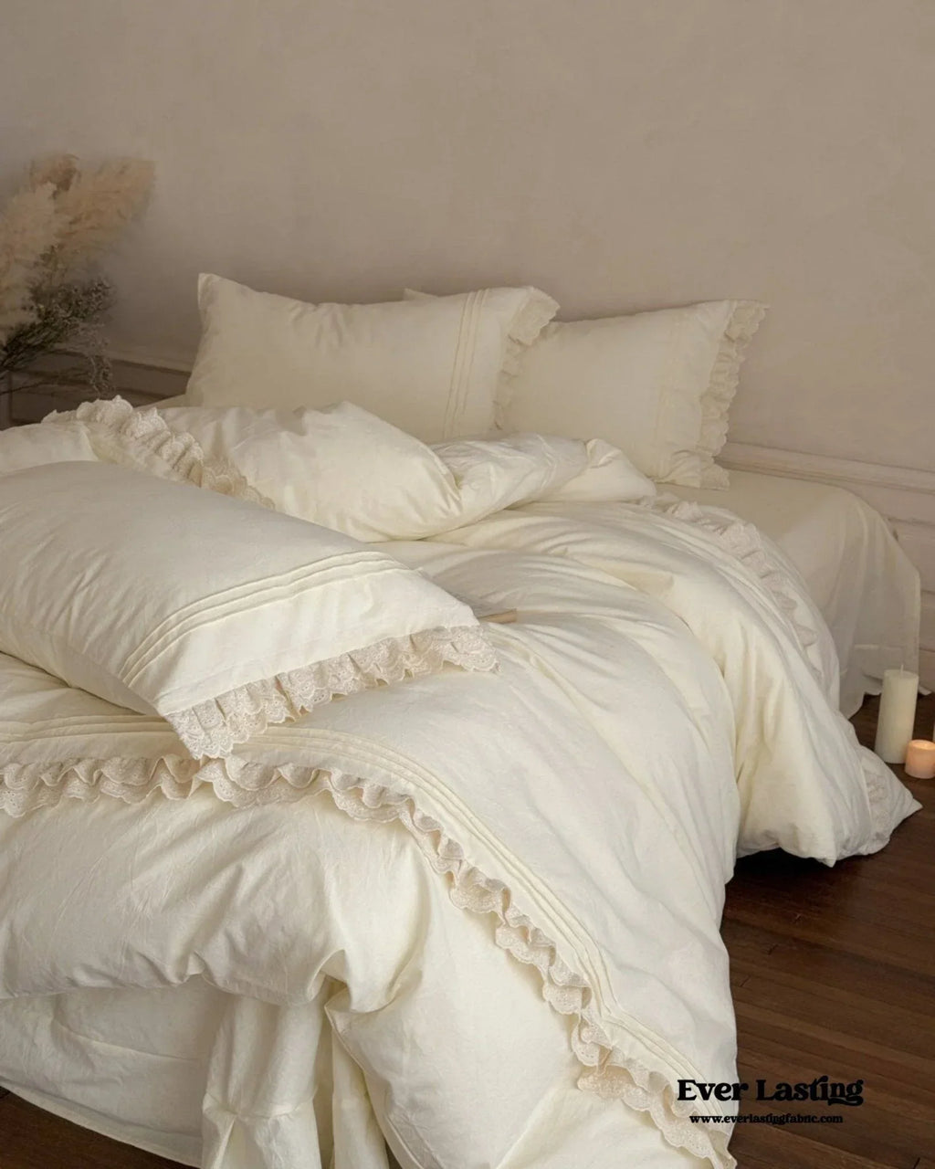 Accordion Pleated Lace Ruffled Bedding Set, angled view - House Of Avana