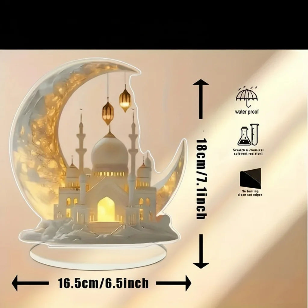 Acrylic Ramadan Crescent Moon Plaque with Islamic Design - House Of Avana