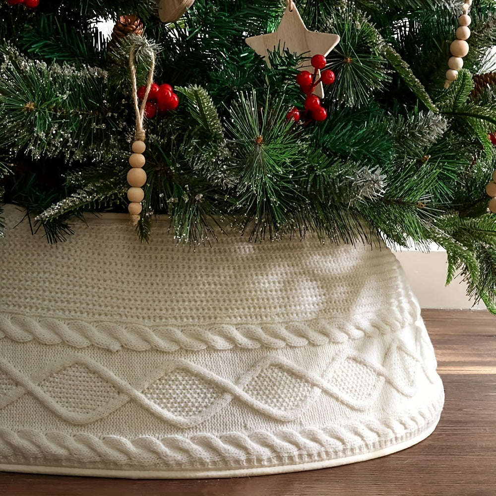 1pc Knitted Christmas Tree Collar, Cream Cross Diamond Edge Coarse Twisted Flower Knitted Christmas Tree Collar, Farmhouse Country Tree Ring Tree Skirt Used for Christmas Home Decoration, Christmas Holiday Parties, Home, Gard House Of Avana
