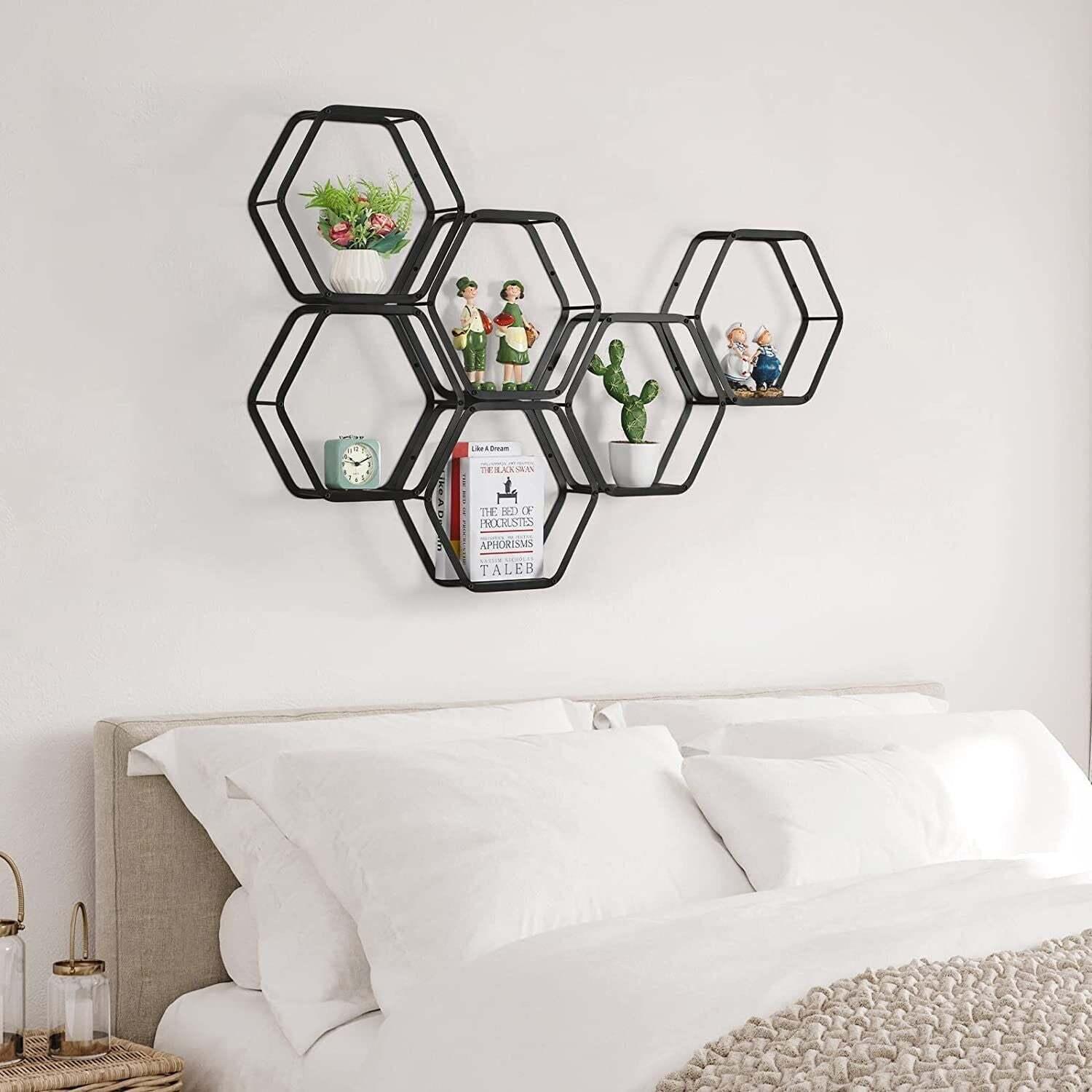 Set of 6 Hexagonal Floating Shelves, Wall Mounted Metal Geometric Shelf Honeycomb Wall Shelf for Wall Decor in Any Bedroom Living Room Office Hallway, Black House Of Avana