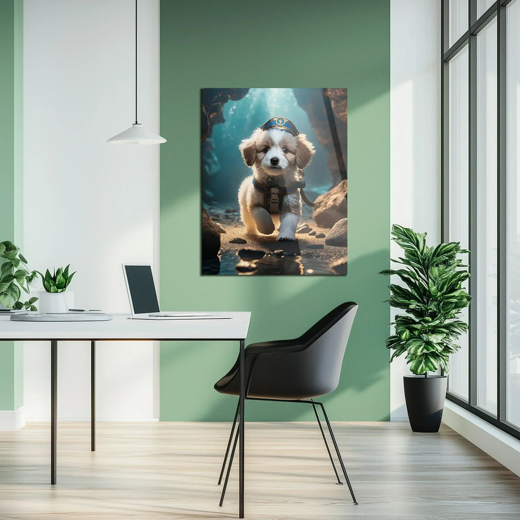 Adventure Puppy Portrait – Cute Explorer Dog Uv Glass Wall Art for Pet Lovers - Kafcd110, detail shot - House Of Avana