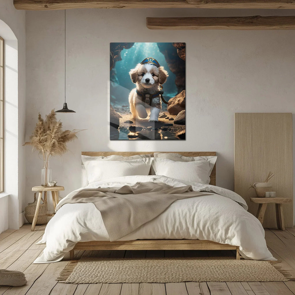 Adventure Puppy Portrait – Cute Explorer Dog Uv Glass Wall Art for Pet Lovers - Kafcd110, lifestyle image - House Of Avana