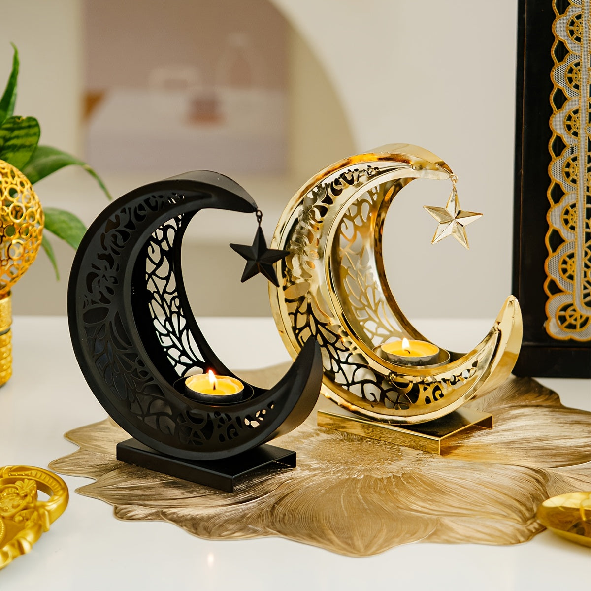 Luxury Golden and Black Carved Metal Crescent Moon Candle Holder for Ramadan Holiday Decoration, Star and Moon Openwork Metal Candle Holder, Black and Golden Two-Tone Moon and Star Shaped Decorative Ornament, Household Living