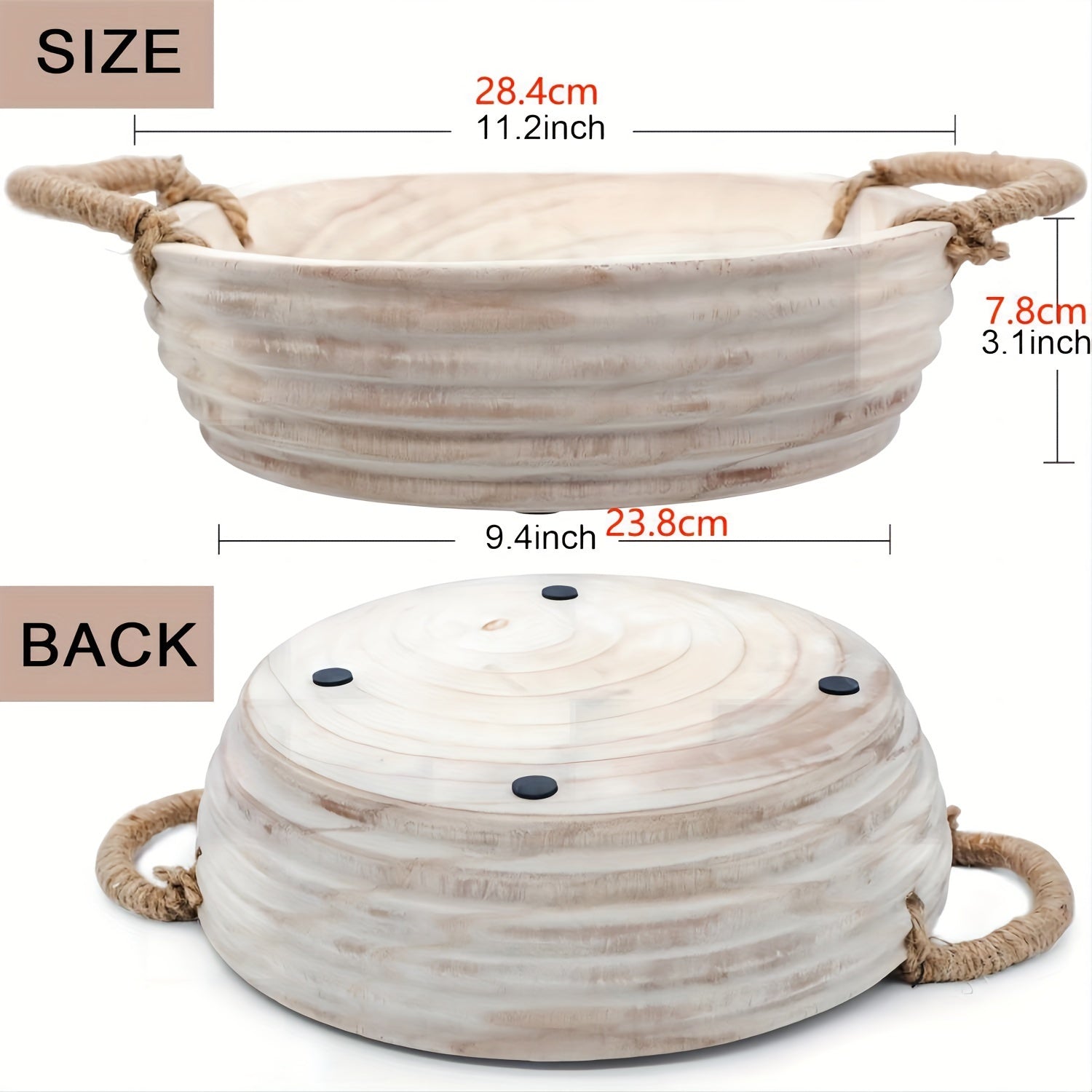 [Rustic Wooden Decorative Bowl] Rustic 11.2 Inch Paulownia Wood Decorative Bowl - Dough Bowl with Rope Handle - Natural Table Centerpieces Bowl for Home Boho Decor House Of Avana