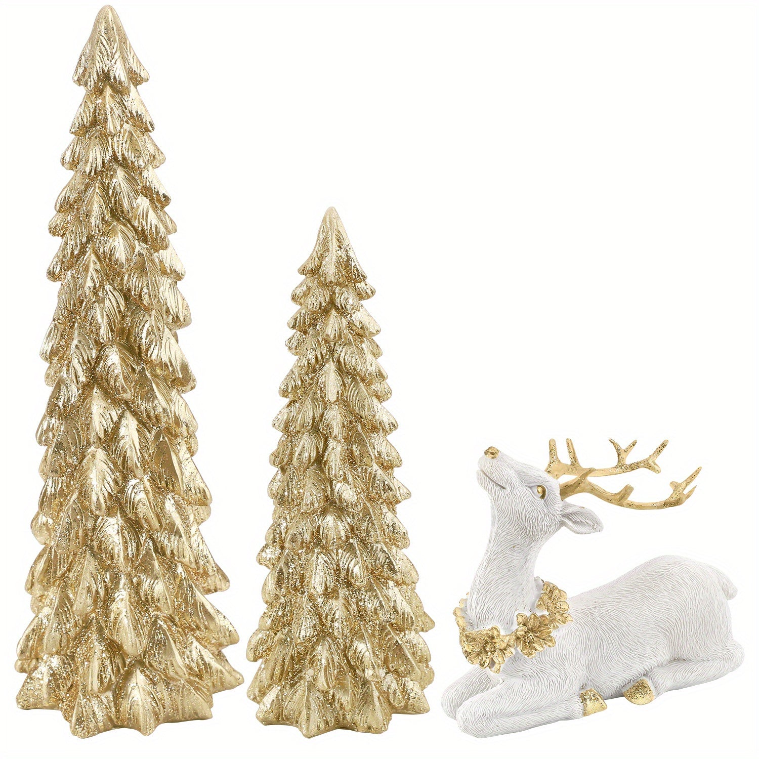 3pcs Christmas Tree & Reindeer Statue Christmas Decoration Set - 2 Sparkling Christmas Tree Statues And 1 Deer Vintage Christmas Decoration Set, Resin Ornaments Tabletop Shelf Office Indoor Display Stand, Resin Figurine, Tabl House Of Avana