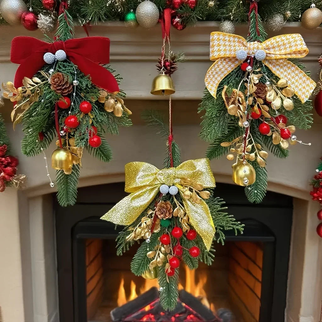 Christmas Bell Ornament, Velvet Bow with Pinecone Accent, Hanging Decoration for Trees and Scenes, Three Colors House Of Avana