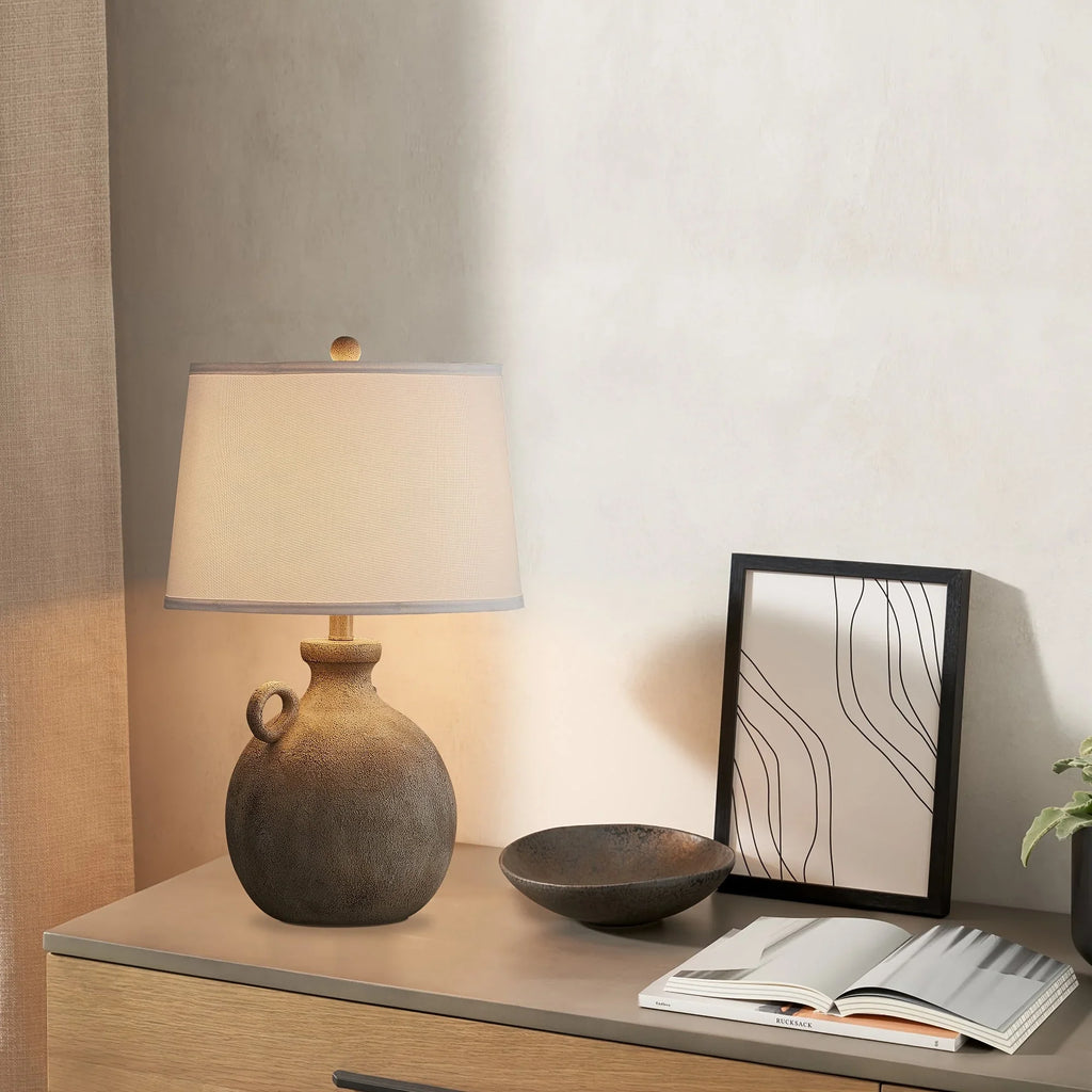 24" Farmhouse Table Lamp For Bedroom With USB Charging Port, 3-Way Dimmable Rustic Single Lamp, Resin Bedside Lamp With White Shade For Study, Living Room House Of Avana