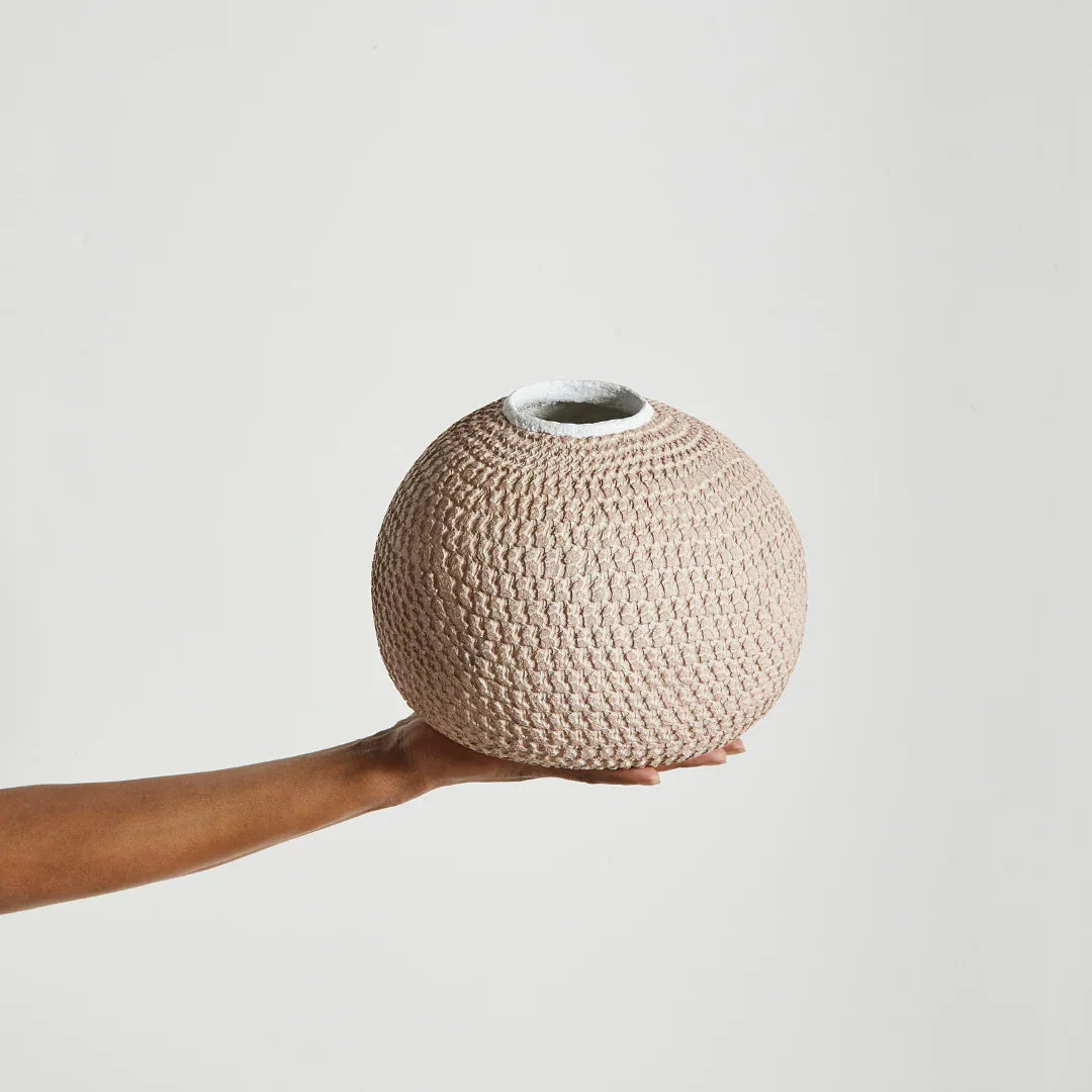 African Bibi Papier Vase in Pink, Rust, and Blue Kanju Interiors