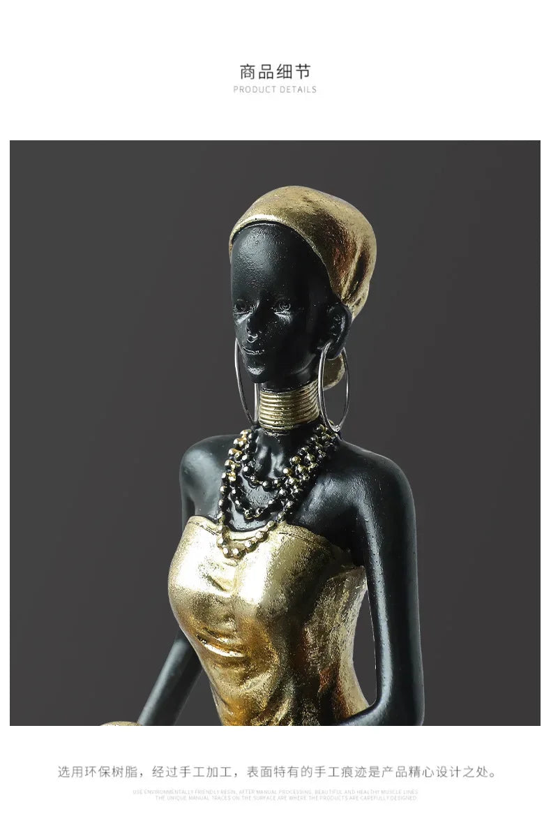 African Black Woman Figurines Golden African Figure Sculpture Storage Ornaments Home Decor Living Room Table Key Candy Container - House of Avana