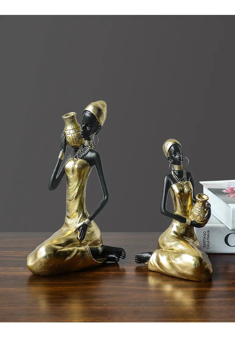 African Black Woman Figurines Golden African Figure Sculpture Storage Ornaments Home Decor Living Room Table Key Candy Container - House of Avana