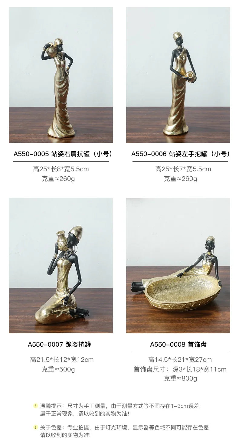 African Black Woman Figurines Golden African Figure Sculpture Storage Ornaments Home Decor Living Room Table Key Candy Container - House of Avana