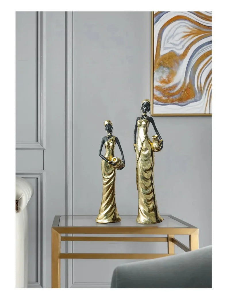 African Black Woman Figurines Golden African Figure Sculpture Storage Ornaments Home Decor Living Room Table Key Candy Container - House of Avana