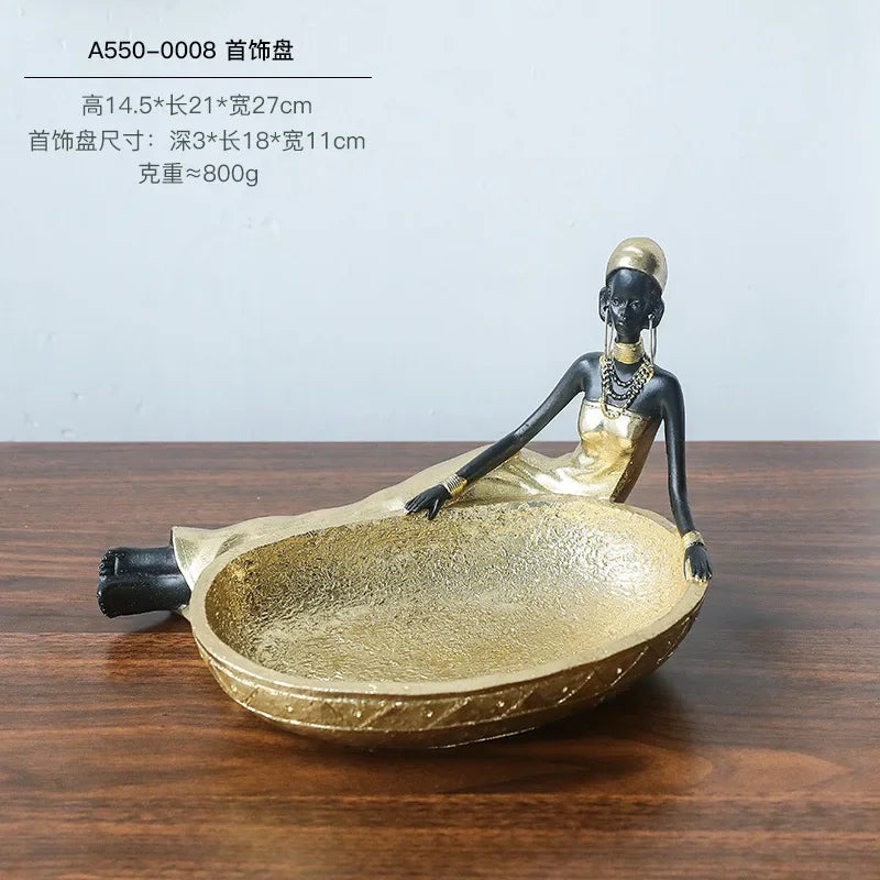 African Black Woman Figurines Golden African Figure Sculpture Storage Ornaments Home Decor Living Room Table Key Candy Container - House of Avana