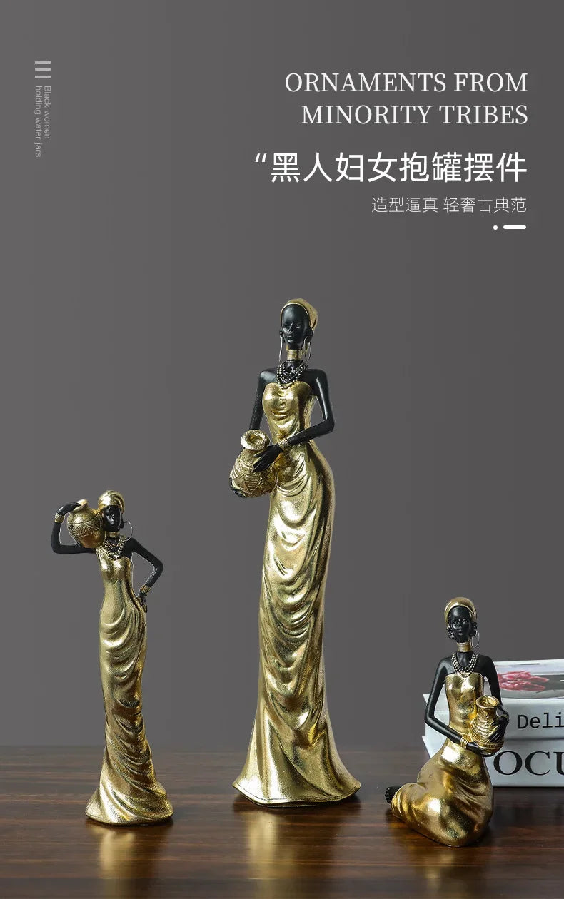 African Black Woman Figurines Golden African Figure Sculpture Storage Ornaments Home Decor Living Room Table Key Candy Container - House of Avana