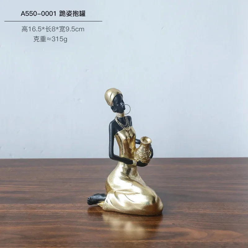 African Black Woman Figurines Golden African Figure Sculpture Storage Ornaments Home Decor Living Room Table Key Candy Container - House of Avana