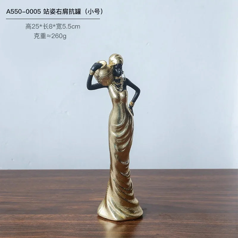 African Black Woman Figurines Golden African Figure Sculpture Storage Ornaments Home Decor Living Room Table Key Candy Container - House of Avana