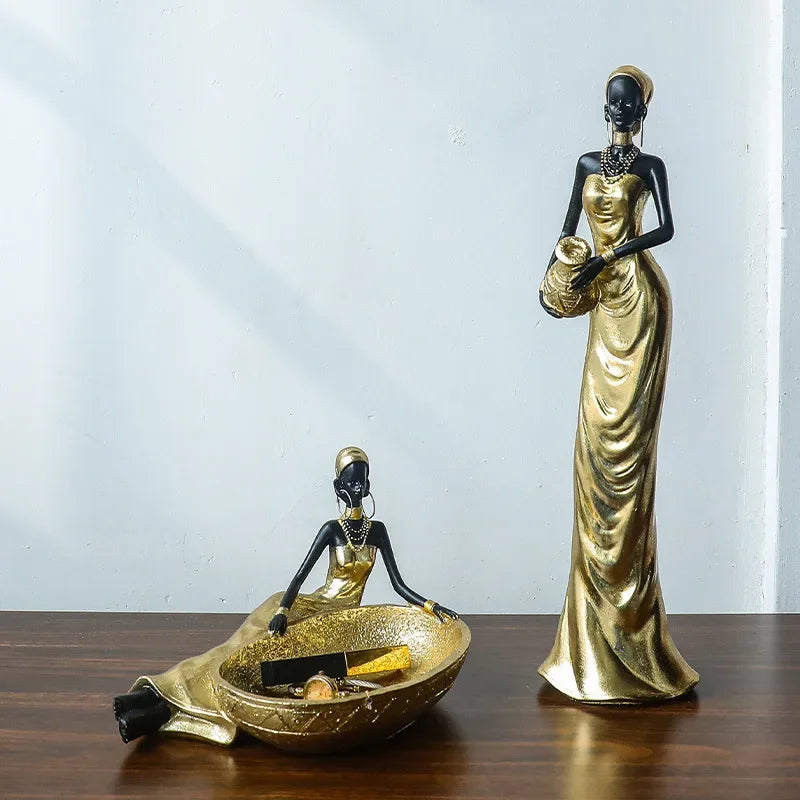 African Figurine - Golden Sculpture Storage, front view - House Of Avana